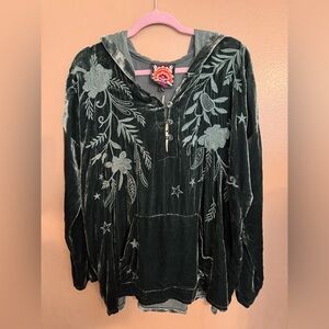 Johnny Was Frankie Velvet Hoodie Embroidered Green NWT